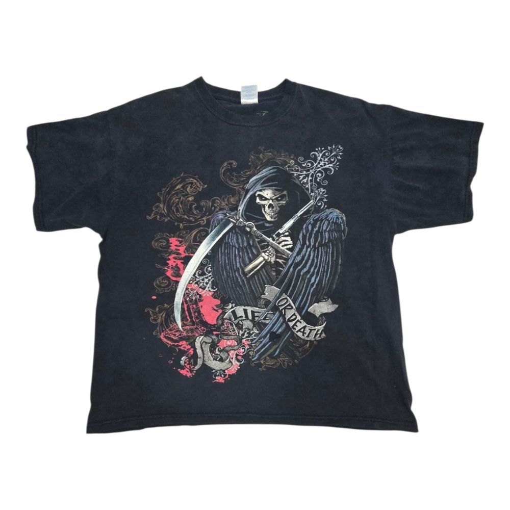 Vintage Y2K Grim Reaper Graphic Men's XL Distressed Shirt Cyber Goth Grunge